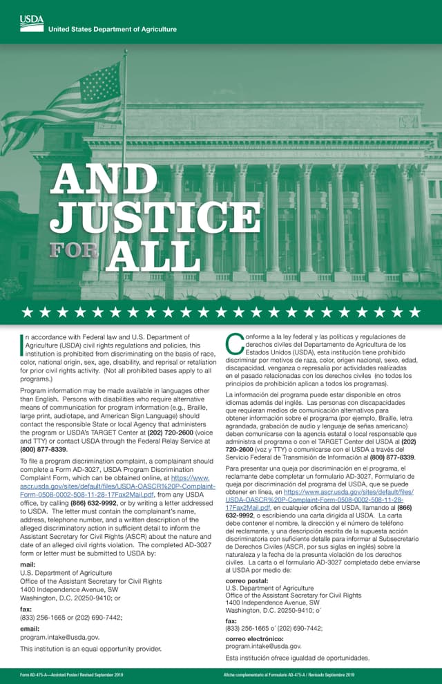 USDA And Justice for All poster — nondiscrimination policy (English and Spanish)
